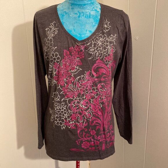 Hanes Live Love Color Boho Floral Long Sleeve V-neck Tee-Shirt Women Size L - Picture 1 of 6